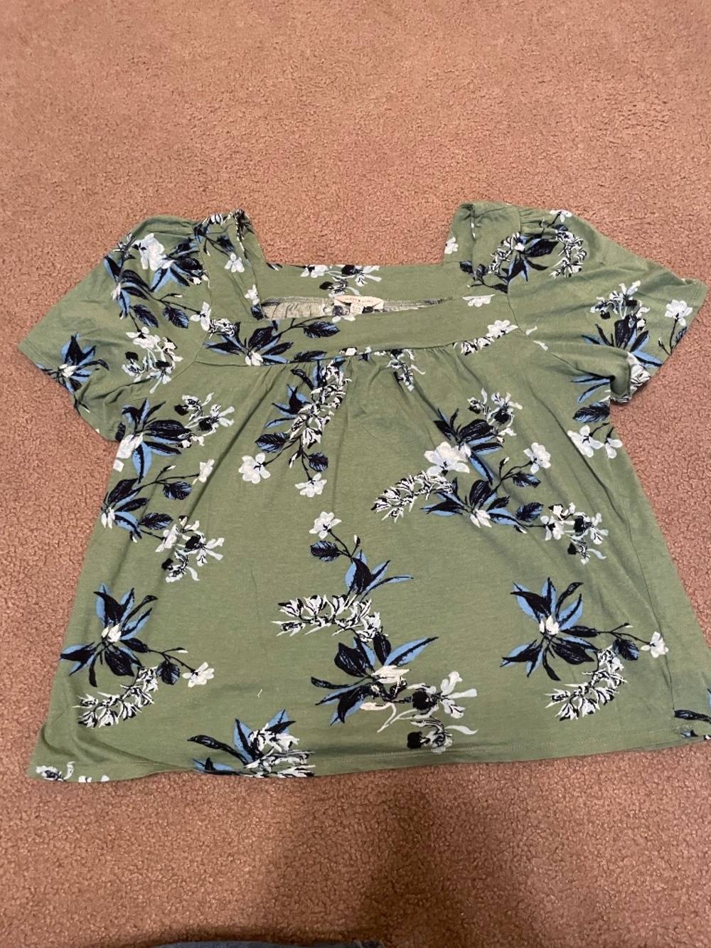 LUCKY BRAND Green & Blue Floral Short Sleeve Square Neck Top size L